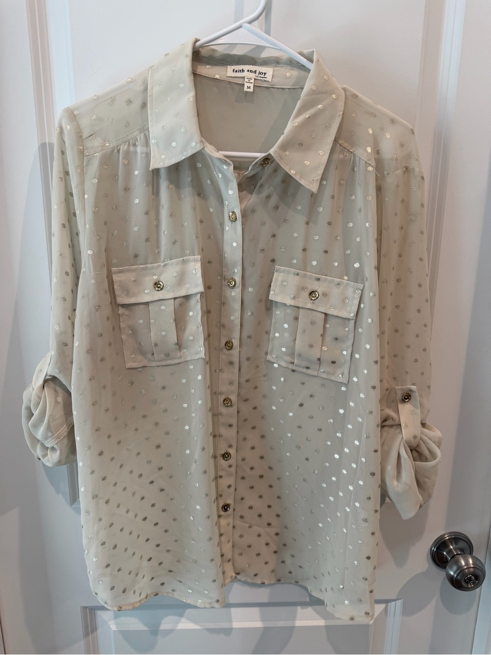 Faith and Joy Sheer Button-Front Blouse with Shimmer Dots Size Medium